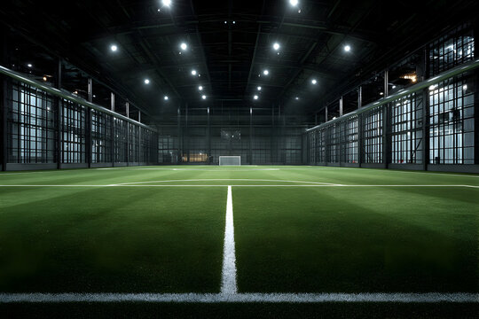 Futuristic indoor soccer arena with enclosed field for sporting events and architectural design