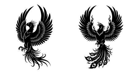 Obraz premium Illustrations of mythical phoenix birds in black and white, symbolizing rebirth and immortality