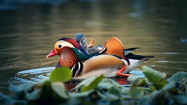 Two mandarin ducks swimming on water. Vibrant colorful male duck with grey female duck. Wildlife pair animal concept.