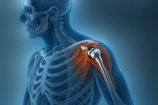 X-ray illustration of human shoulder with prosthetic implant and highlighted muscle anatomy showing medical healthcare replacement procedure