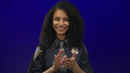 Woman police officer smiling broadly and clapping hands in studio before blue wall with uniform...