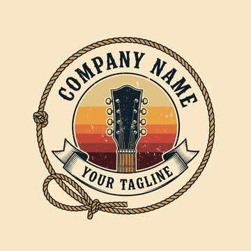Vintage guitar logo with rope border and sunset background for company name and tagline.
