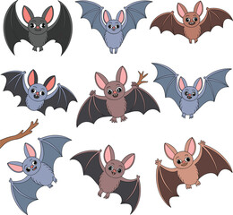 Set of cute cartoon bats flying and hanging, Halloween vector illustration for scary sticker design.