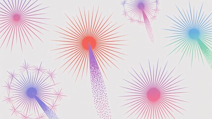 Celebrate with radiant burst patterns in vibrant colors on white background