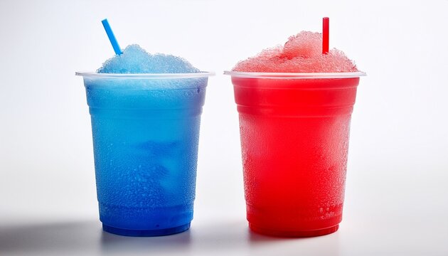 two frozen red and blue slushy in plastic cups on white background