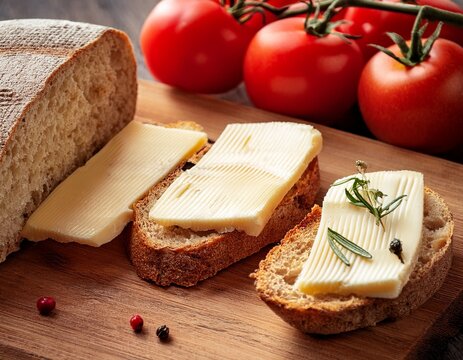 homemade cheese and tomatoes served with sliced bread on a wooden surface - Powered by Adobe