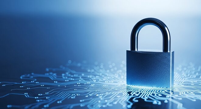 Digital security concept with a glowing padlock standing on a futuristic circuit board, representing data protection and cyber safety