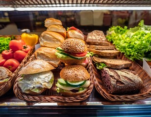 close up view of assorted fresh sandwiches displayed on a counter with vegetables and bread