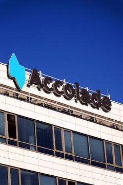 Accolade holding investment group company logo on headquarters building on November 19, 2025 in Prague, Czech Republic.