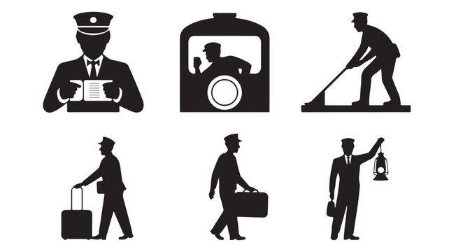 Set of train worker icons simple silhouette vector design element isolated on white background