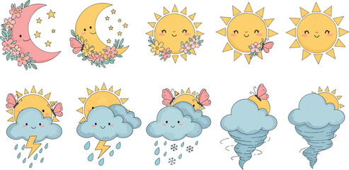 Fototapeta premium Cute kawaii celestial elements featuring smiling sun moon clouds and stars with floral accents