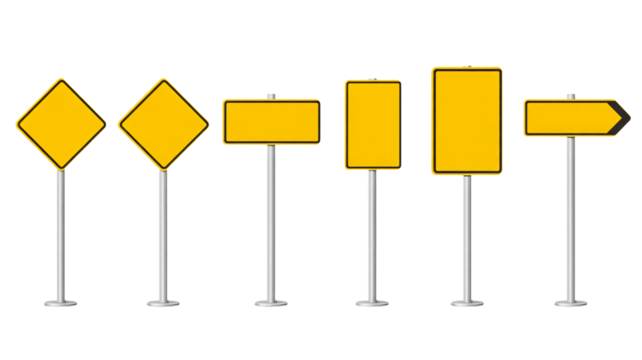 Vibrant yellow traffic signs to direct drivers safely on the roadways