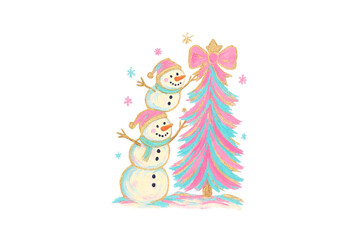 Cute snowmen decorating Christmas tree watercolor illustration Sublimation Design