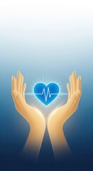Obraz premium An illustration of hands holding a glowing blue heart with an ECG line. This represents healthcare, life, charity, and protection. Perfect for medical, insurance, and wellness concepts.