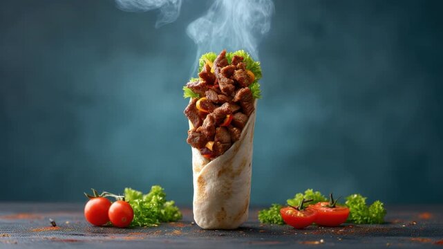 Delicious grilled meat wrap with fresh vegetables and herbs capturing smoke in a dramatic culinary presentation 4k video footage