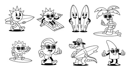 A playful collection of cartoon characters, isolated on, embodies the carefree spirit of summer with surfing, sunbathing, and tropical vibes in black and white