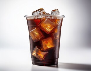 cold cola in plastic cup with ice cubes on white background