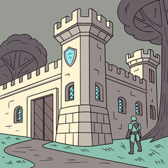 A captivating cartoon illustration of a medieval castle with a knight standing guard, set against a backdrop of trees and a winding path, fantasy scene