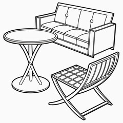 Illustration of a living room set with a sofa, table, and chair, isolated on, ideal for interior design and home decor projects