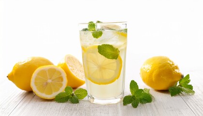 fresh lemonade in glass with lemon and mint on white background