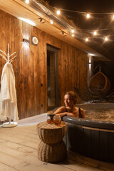 Relaxing evening in a cozy hot tub with calming ambiance
