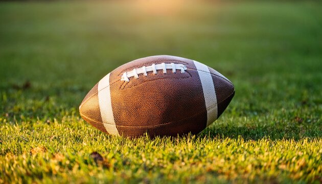a football resting on the ground surrounded by grass field texture with ample center open copy space for creative use