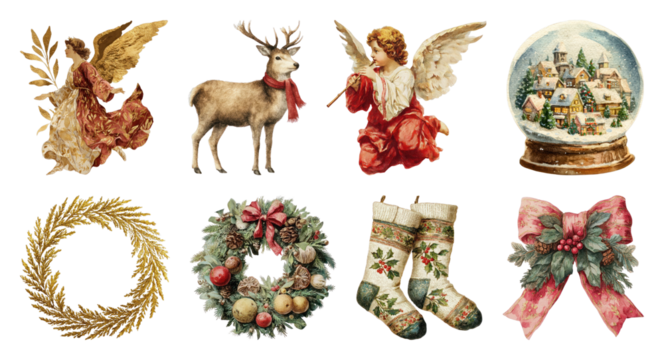PNG Vintage Christmas holiday decoration collection, element set on transparent background