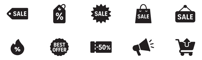 Sale Label collection set. Sale tags. Discount banners and icons. Shopping Tags. Sale icons. Black isolated on white background. Vector illustration. EPS 10