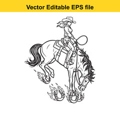 Fototapeta premium Black and white line art vector illustration of a cowgirl riding a bucking bronco horse with flaming horseshoes, isolated on