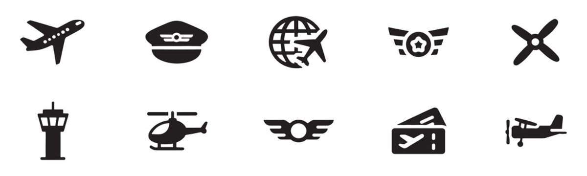 Aviation icon set. Aviation and travel silhouette icons set. Vector Illustration.