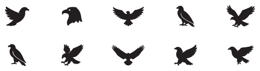 Eagle Vector Illustration Set, Black and White Silhouettes. Collection of 10 Different Eagle Poses, Perfect for Logos, Designs, and More. Vector Illustration.