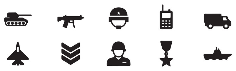 Military icon set. Army icon. Military icons set: helmet, dog tags, rifle, grenade, tank, jet, anchor, eagle, medal, camouflage, radio, boots. Vector Illustration. 