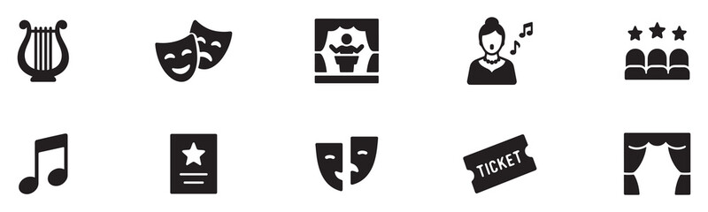 Theater Icon Set. Theater rehearsal. Line outline icon set of theater rehearsal: actor, stage, script, mask. vector Illustration. 