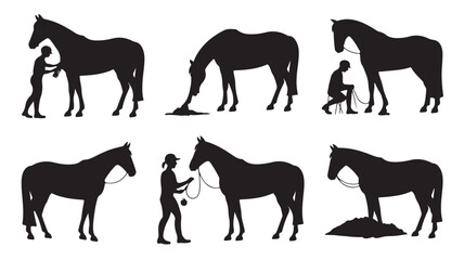 Horse and human interaction silhouette set vector illustration showing various activities isolated on white background