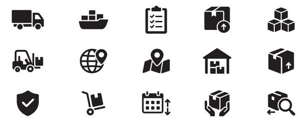 Delivery and logistics icon set. Cargo transportation and shipping service symbols. Vector pack for freight industry, e-commerce, and courier business illustration. Vector icon.