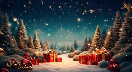 Magical christmas forest with presents under the snowfall