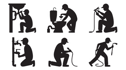 Fototapeta premium Set of plumbing service icons silhouette vector illustration of plumber at work isolated on white background