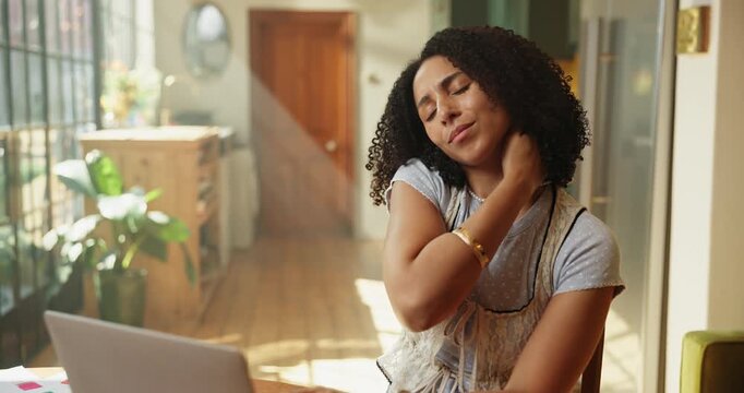 Home, neck pain and woman on laptop for stress, mistake and frustrated with online project. Remote work, freelancer or creative person with technology for fatigue, report and design issue or deadline