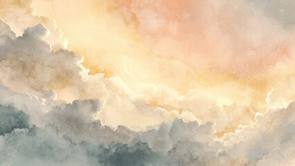 Soft watercolor clouds glow with warm golden and peach light above cool grey layers, creating a serene, dreamy sky.