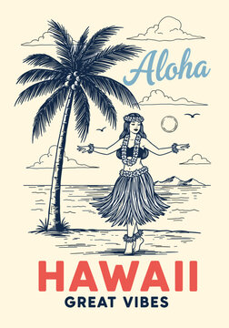 Vintage hawaiian poster with hula dancer, palm tree, and ocean waves, evoking aloha spirit and great vibes, perfect for travel, tourism, and retro design projects
