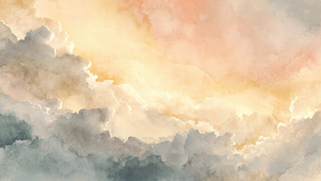 Soft watercolor clouds glow with warm golden and peach light above cool grey layers, creating a serene, dreamy sky.