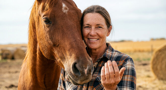 Happy farm woman standing with brown horse making come here gesture inviting to countryside ranch lifestyle friendship animal pet agriculture nature outdoor portrait female owner love equestrian 