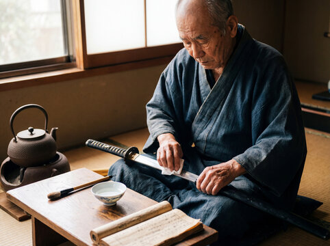 Senior samurai master cleaning katana sword in traditional japanese house interior preparation weapon blade care discipline concentration warrior culture bushido meditation ancient history authentic 