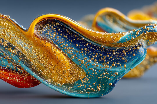 Glossy blue and golden liquid waves filled with shimmering droplets create a vivid abstract composition with depth, motion, and rich texture.