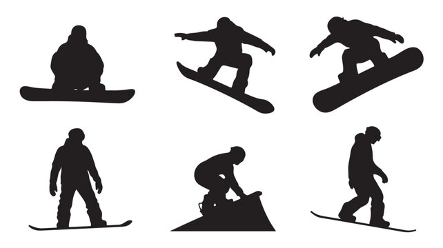 Set of snowboarder silhouettes in various poses vector illustration for winter sports and recreational activities isolated on white background