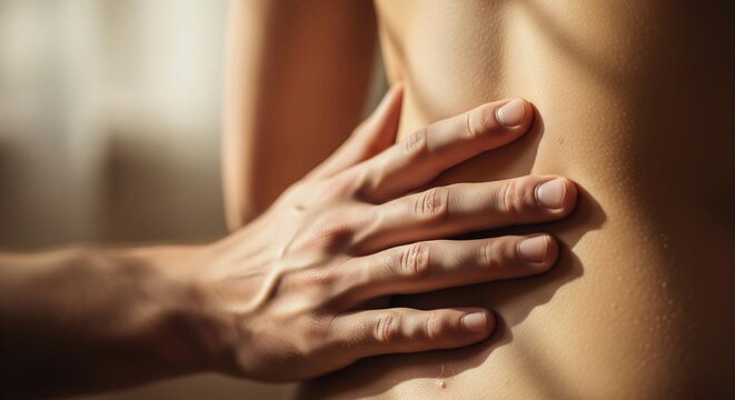 A close-up image captures a hand gently resting on a person's bare back. The warm light creates strong highlights and subtle shadows across the skin, emphasizing its texture and visible goosebumps.