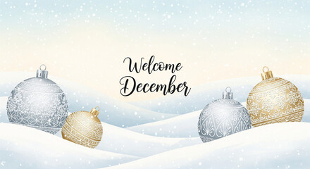 welcome december, pastel winter, silver ornament, gold ornament, soft snow, elegant holiday, december greeting, festive pastel, luxury christmas, smooth background, holiday decoration, winter charm, a