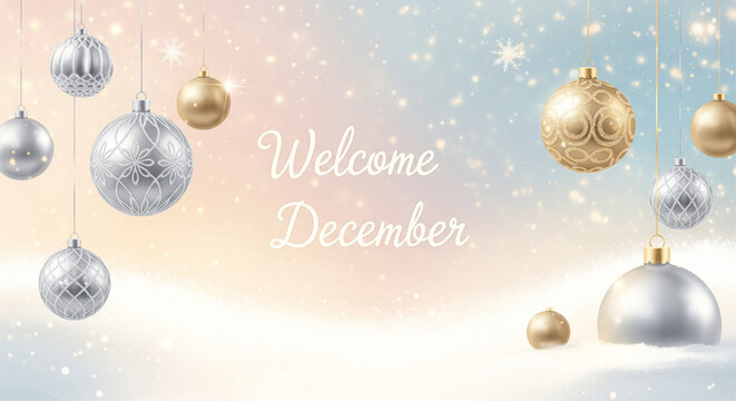 welcome december, pastel winter, silver ornament, gold ornament, soft snow, elegant holiday, december greeting, festive pastel, luxury christmas, smooth background, holiday decoration, winter charm, a