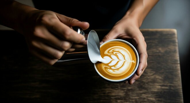 A top-down view captures a skilled barista pouring steamed milk from a metal pitcher into a coffee cup, expertly creating a detailed rosetta latte art design. The hands of the barista are prominent, - Powered by Adobe