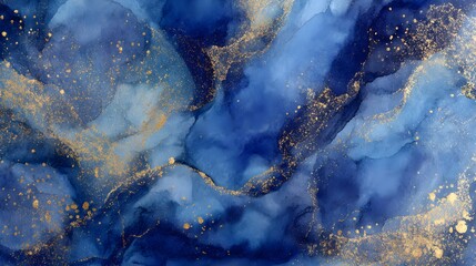 Blue and gold abstract watercolor background. Blue abstract watercolor background with gold glitter. Liquid marble pattern.